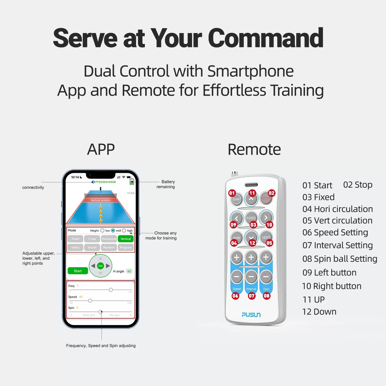 副图3 E300 Tennis and Padel ball Machine interface showcasing the app and remote control options for custom serve modes and effortless training.