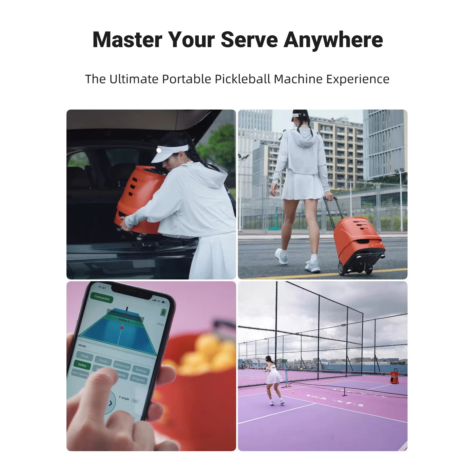 副图5 Collage demonstrating the portable nature of the XYun-A6 Pickleball Machine with images of a user loading it into a car trunk and training on a Tennis and Padel machine court.