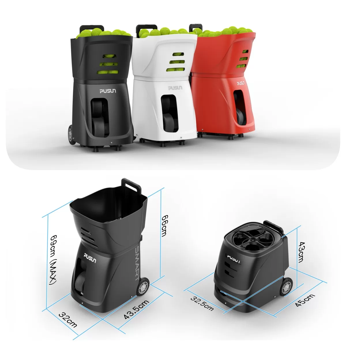副图8 The Tennis ball Padel Machine displayed in three colors, white, black, and red, with dimensions and weight labeled, highlighting design and portability."