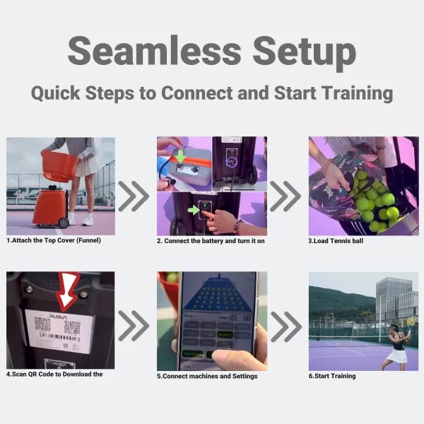 Step-by-step setup process for the Xyun E300 Tennis and Padel Machine, from attaching the top cover to connecting the machine and starting training