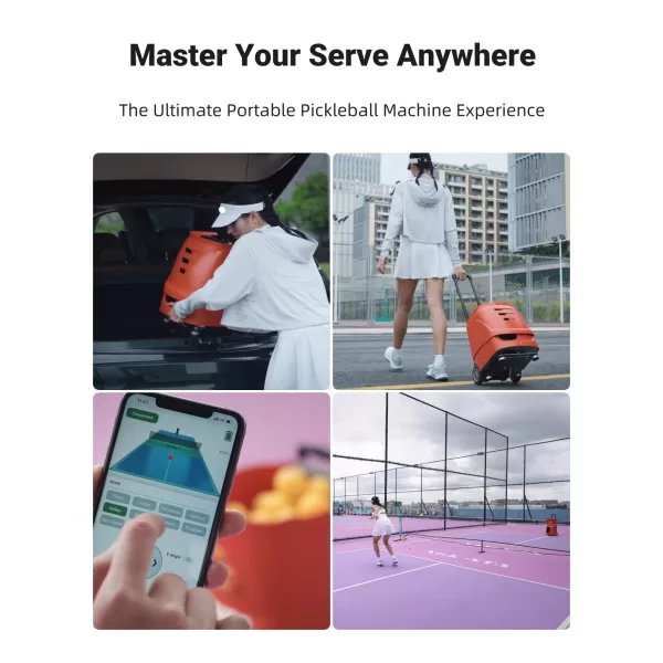 Collage demonstrating the portable nature of the XYun-A6 Pickleball Machine with images of a user loading it into a car trunk and training on a Tennis and Padel machine court.