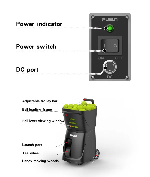 Detailed view of the Xyun-e300 Tennis padle Machine's components including power switch, adjustable trolley bar, and ball loading frame.